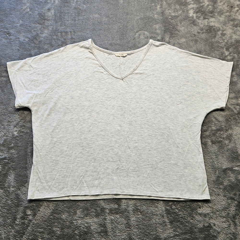 Olivia Rae Women Large Heather Grey V-Neck Boxy Drop Shoulder Short Sleeve Top